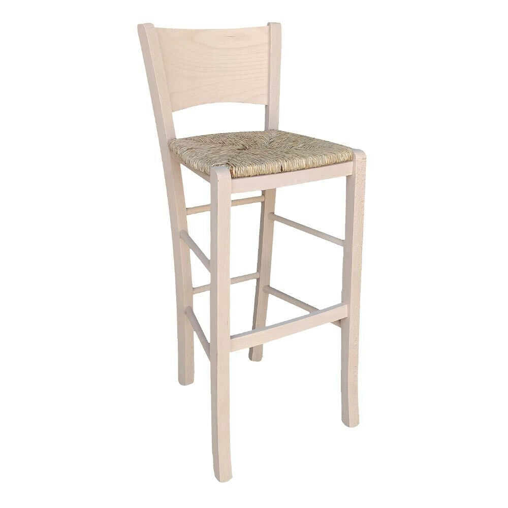 Sgabello alto da bar Lucy h 73 cm in legno grezzo con seduta in paglia