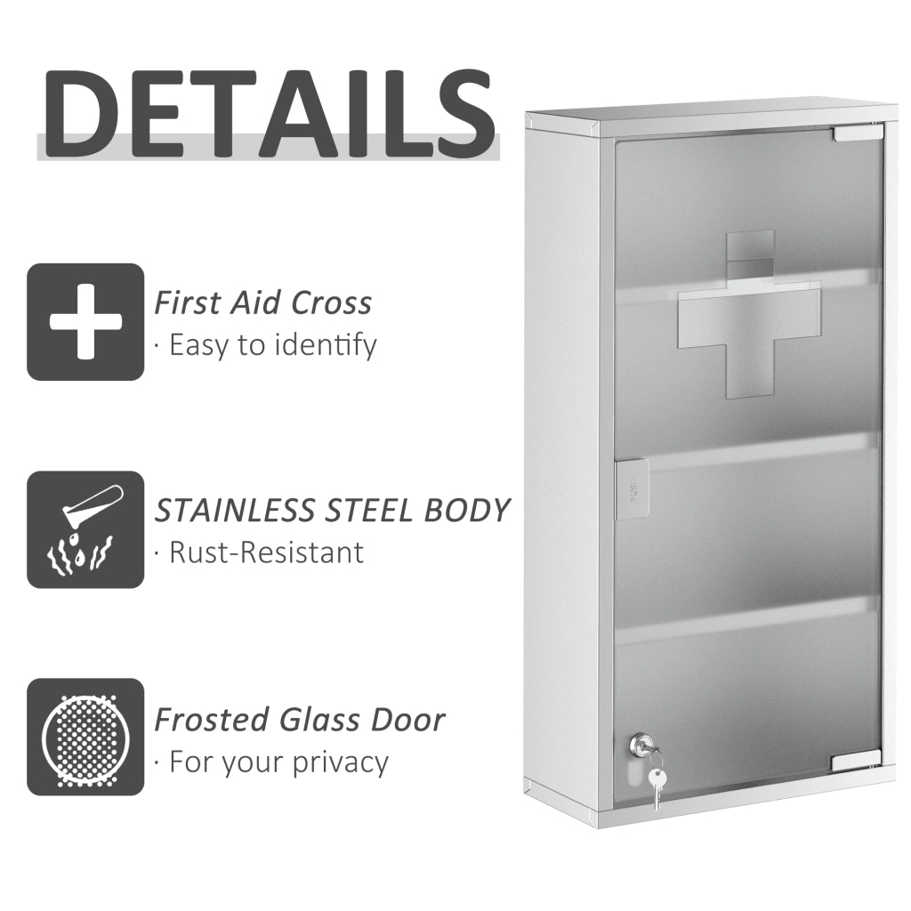 Mobile bagno con anta in vetro satinato; serratura e croce primo soccorso in acciaio inox per bagno; 30×12×60 cm