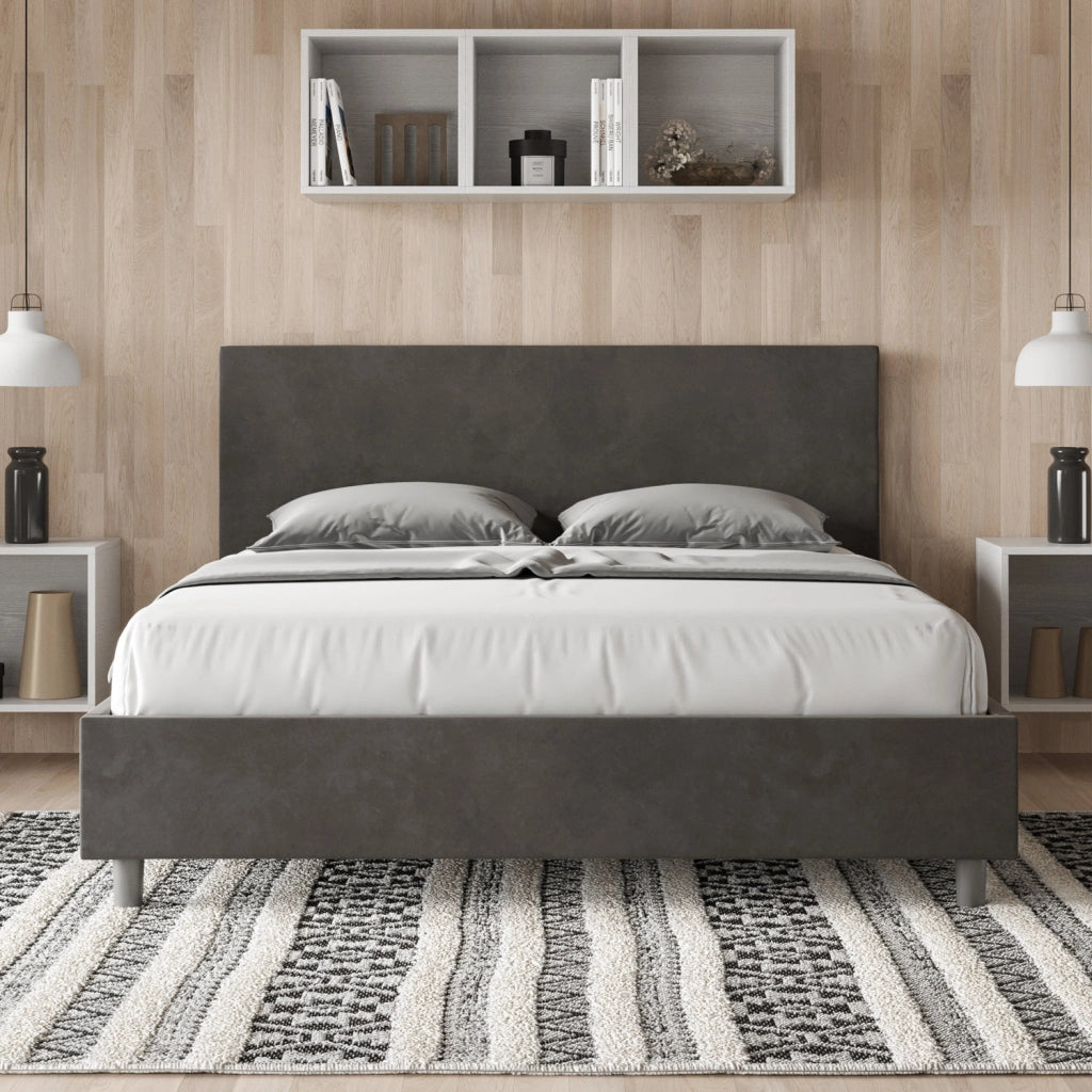 BS COM Letto matrimoniale con rete imbottito 160x200 microfibra grigio