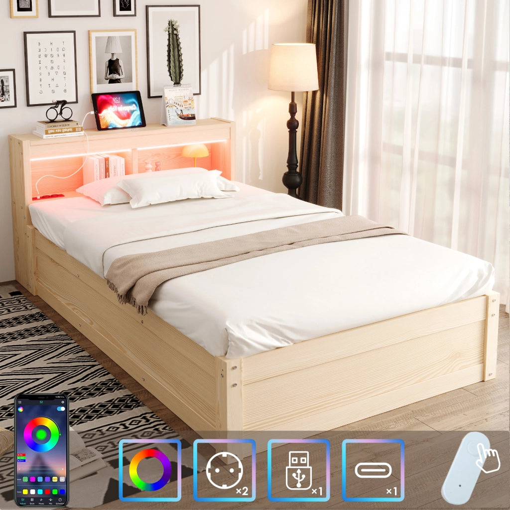 DESMIU Letto contenitore 90 × 200 cm 1 posto con presa, LED regolabile e vani, senza materasso, in MDF, legno