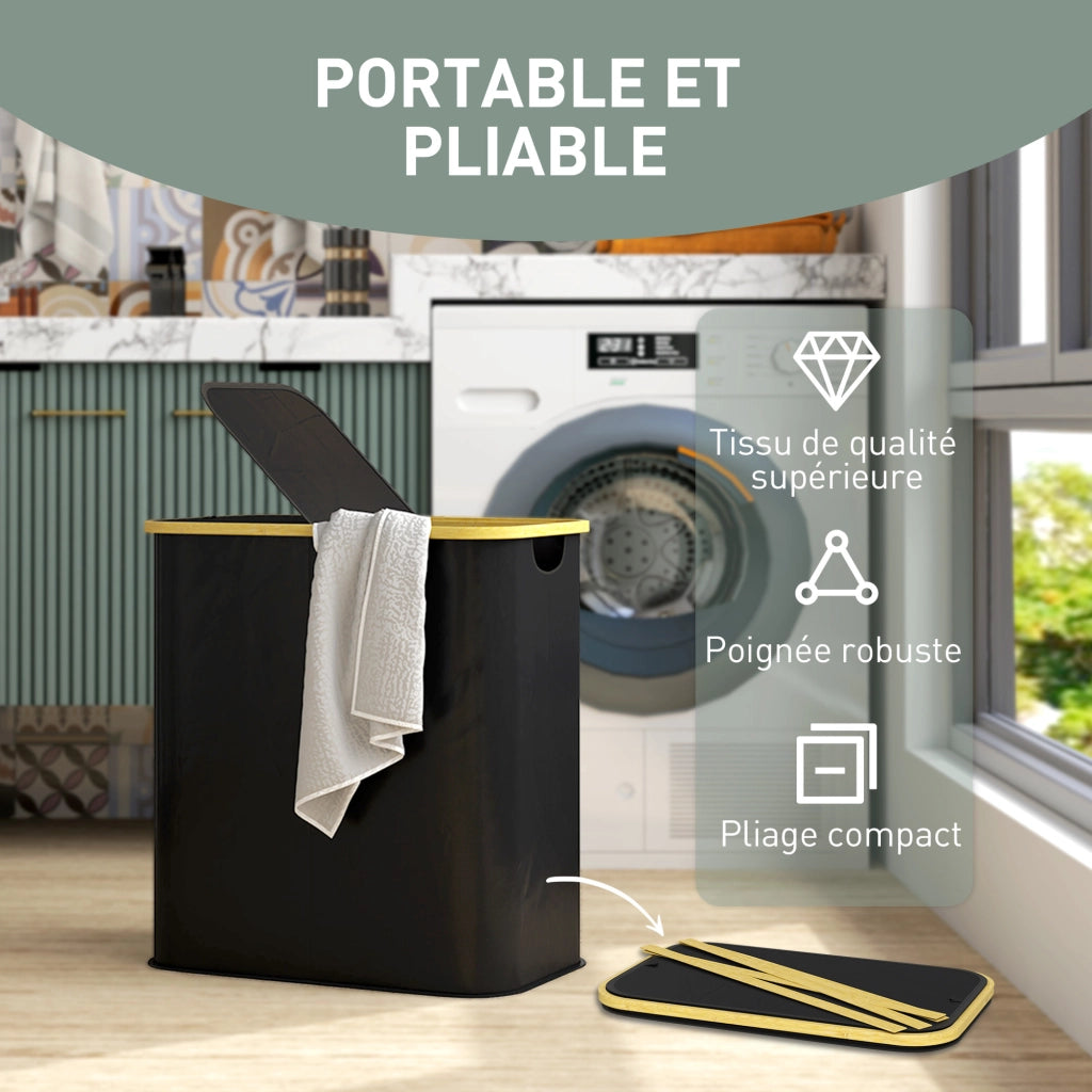 Cestello per biancheria pieghevole doppio con coperchio ¨C zephmum ¨C nero 80L