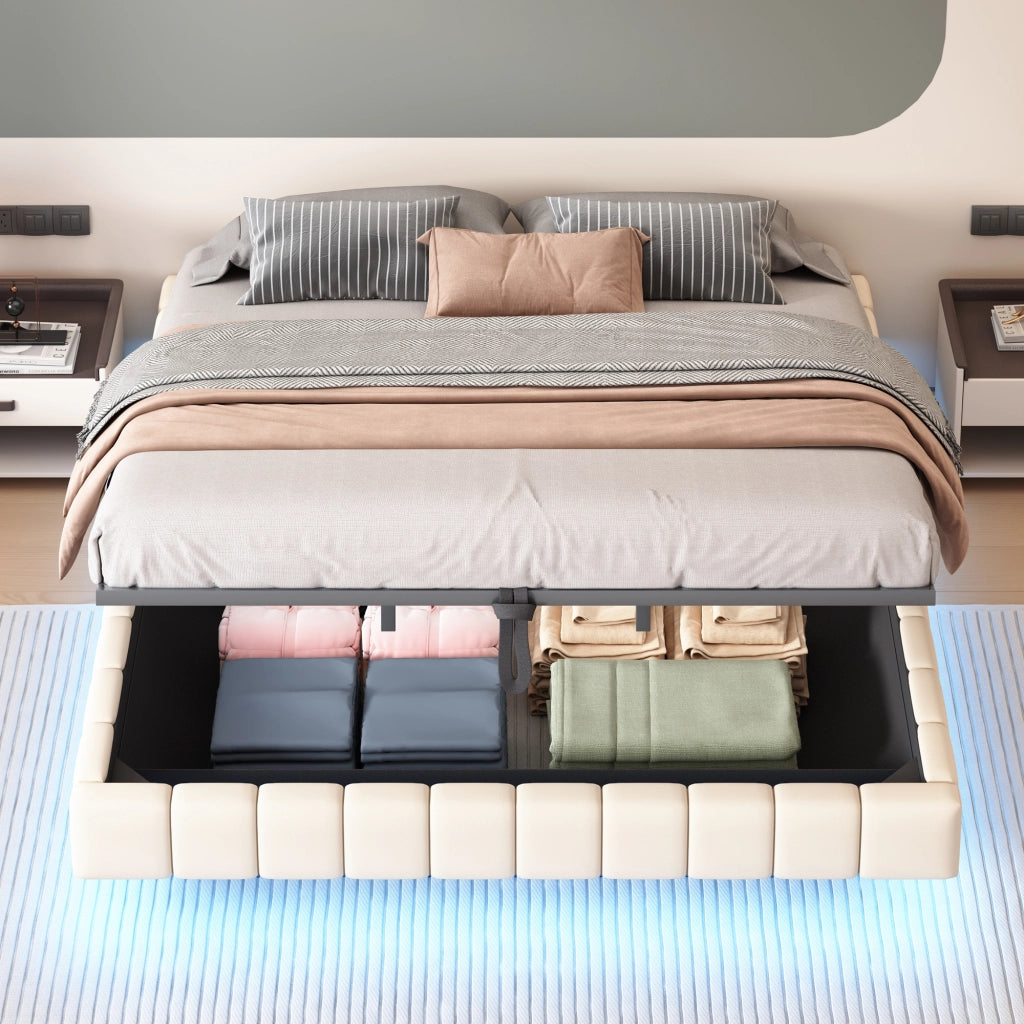 Letto matrimoniale imbottito fluttuante senza testiera; LED e contenitore a gas; lino beige; 180x200 cm; senza materasso