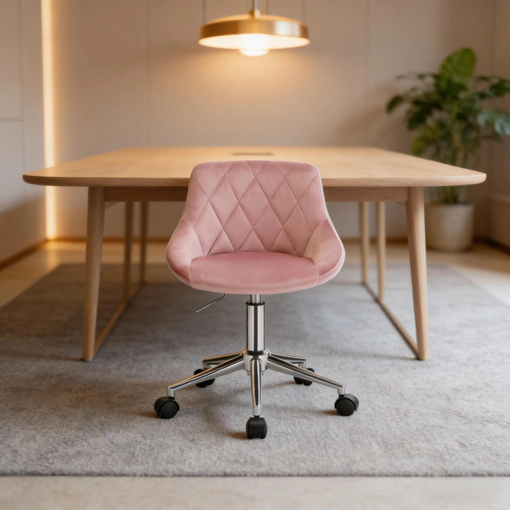Sedia da ufficio girevole in velluto rosa, altezza regolabile, con ruote e struttura in metallo