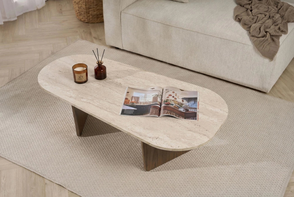 Tavolino in legno "Ovalis" - 130 x 65 x 40 cm - Travertino / Noce