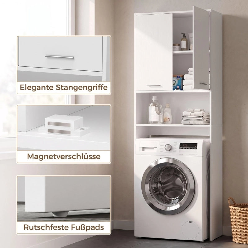 Mobile per lavatrice, mobile alto da bagno con 2 ante e vano a giorno, 66 x 24 x 191 cm, bianco