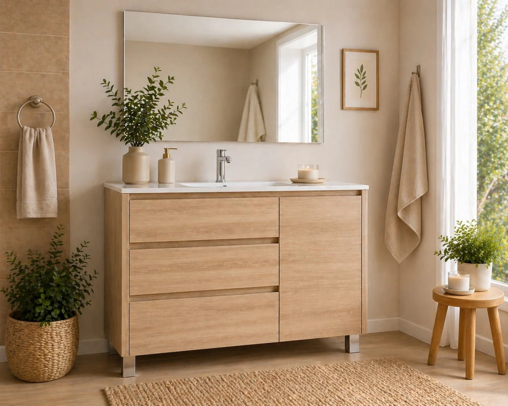 Mobile bagno con 3 cassetti, anta e lavabo ORIGENBATH VOLUM senza specchio 80x45 cm estepa