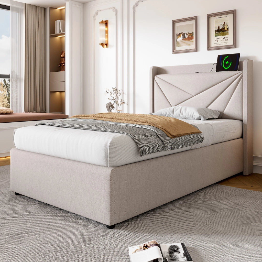 letto imbottito cotone lino beige 90 x 200 cm