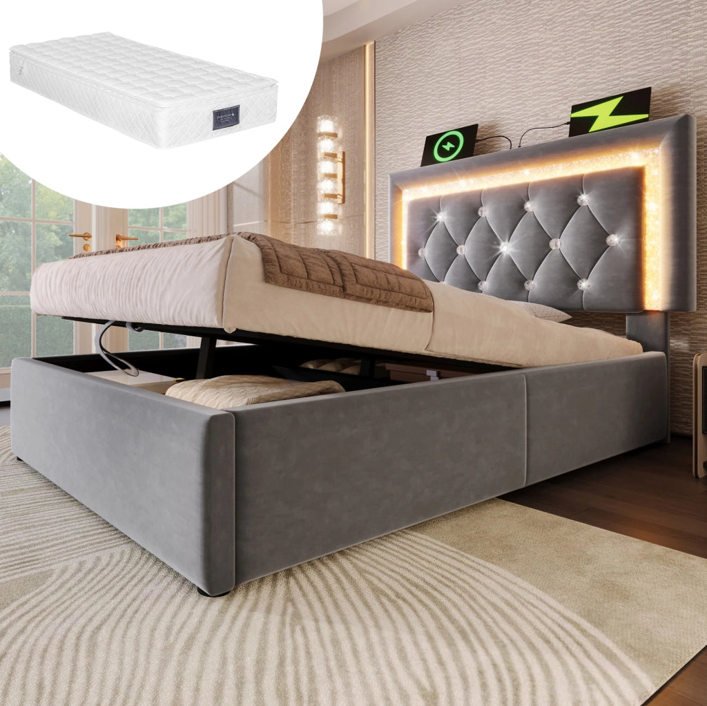Letto imbottito 90x200 cm con LED, USB e materasso incluso