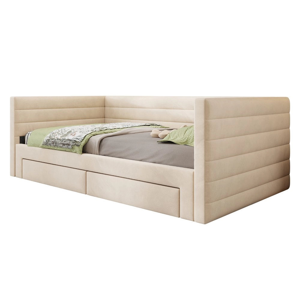 Letto Imbottito Estraibile 3 in 1 con Cassetti e Rete a Doghe ¨C MINIMAL ¨C Singolo/Matrimoniale 90x190, Beige