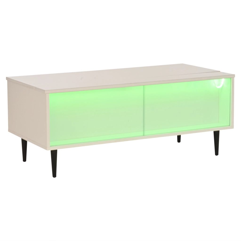 Tavolino da salotto regolabile in altezza 105 x 50 x 43 cm con LED, vani nascosti e ante scorrevoli in vetro temperato, bianco
