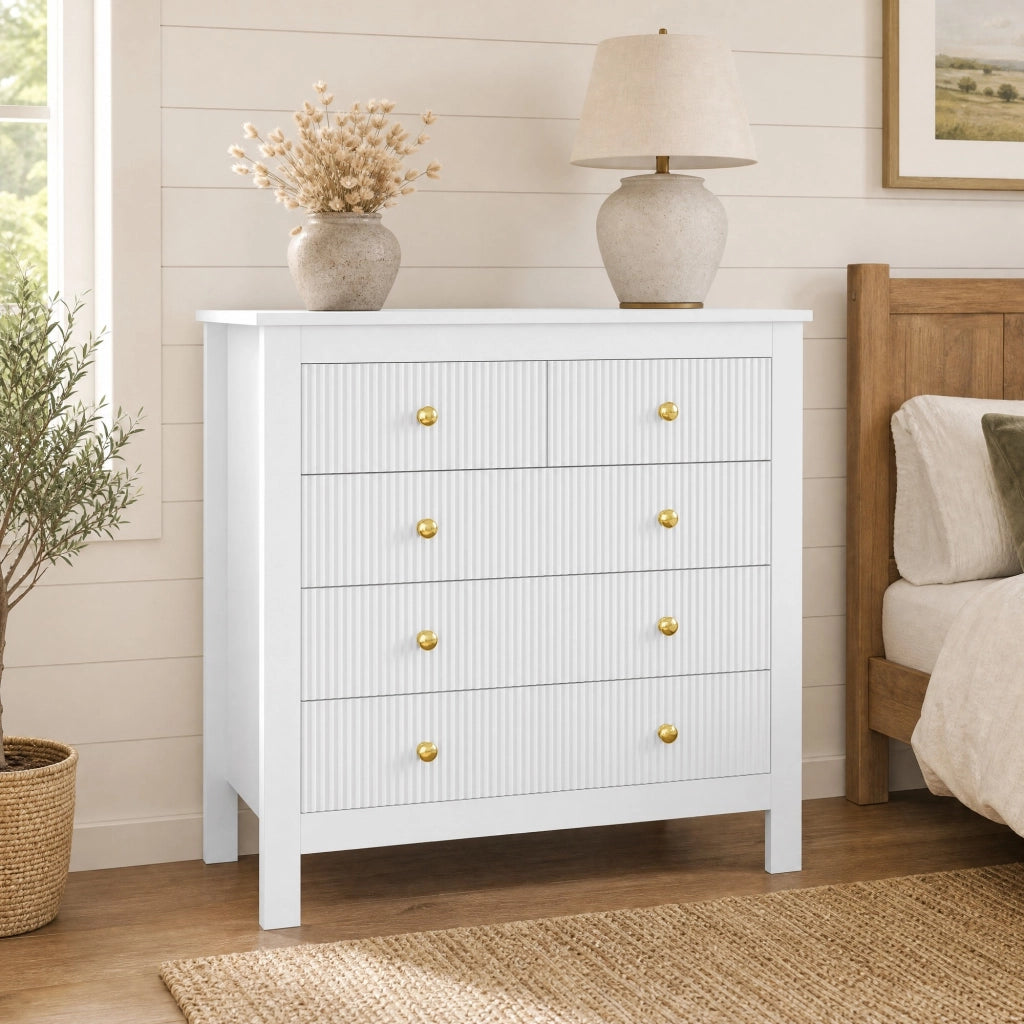 COMÒ 5 cassetti 79x80,5x39,5 cm bianco con maniglie dorate