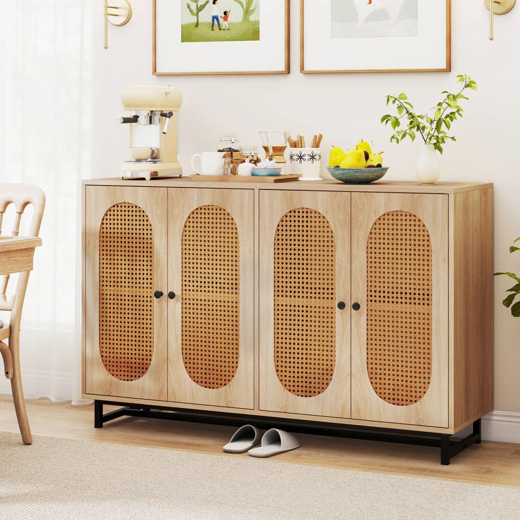 Credenza in rattan ripiani e gambe in metallo 126 x 40 x 81 cm, Armadio a buffet per cucina sala da pranzo e soggiorno Naturale