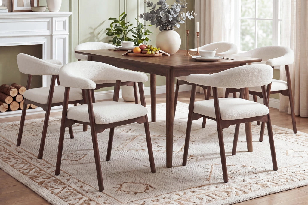 Chaise da sala da pranzo 6 pezzi con schienale ergonomico a C e braccioli in bouclé e legno massiccio marrone