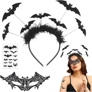 Set di decorazioni Halloween per donne - tema pipistrello - tre pezzi - fascia per capelli, maschera e adesivi per tatuaggi - accessori per carnevale