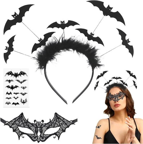 Set di decorazioni Halloween per donne - tema pipistrello - tre pezzi - fascia per capelli, maschera e adesivi per tatuaggi - accessori per carnevale