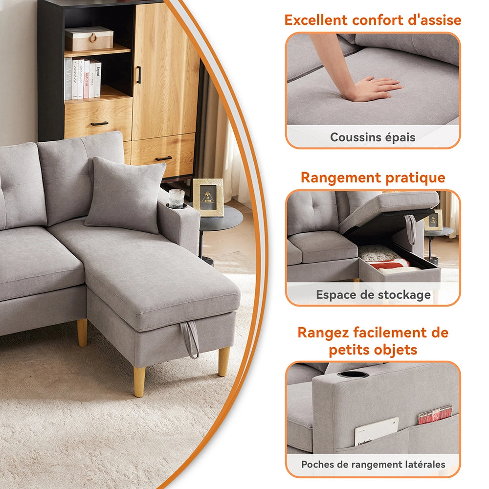 Divano L - Xylo - 3 posti con chaise longue porta-bicchieri