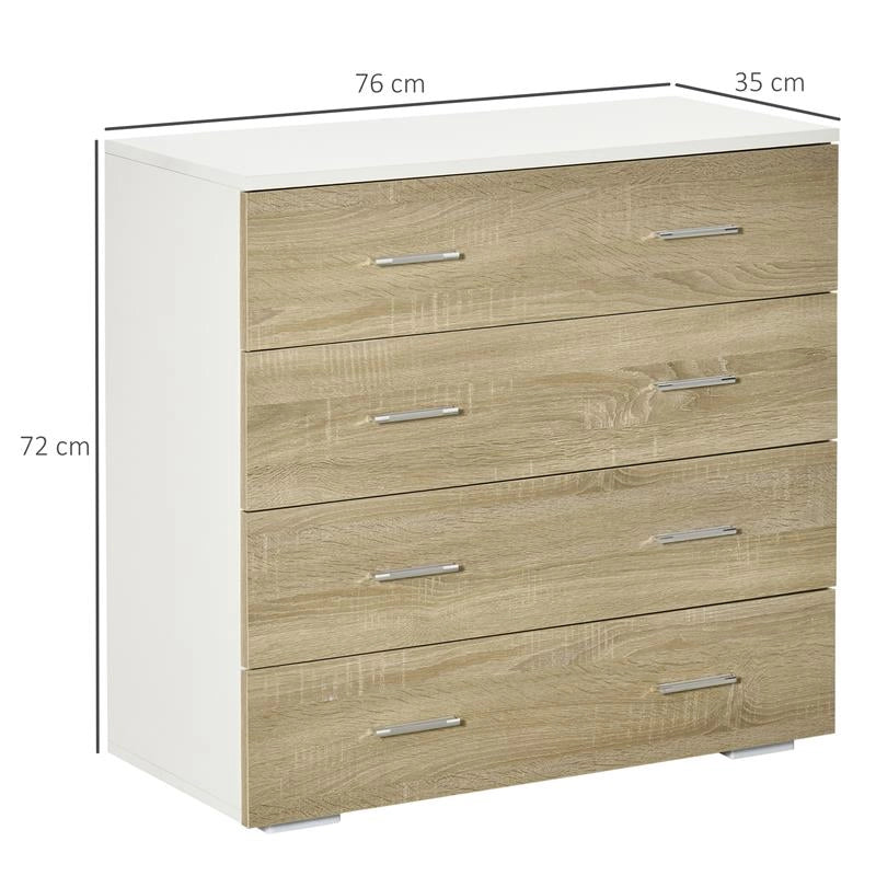 CASSETTIERA 4 CASSETTI IN LEGNO E MANIGLIE IN ALLUMINIO 76X35X72CM BIANCO E ROVERE