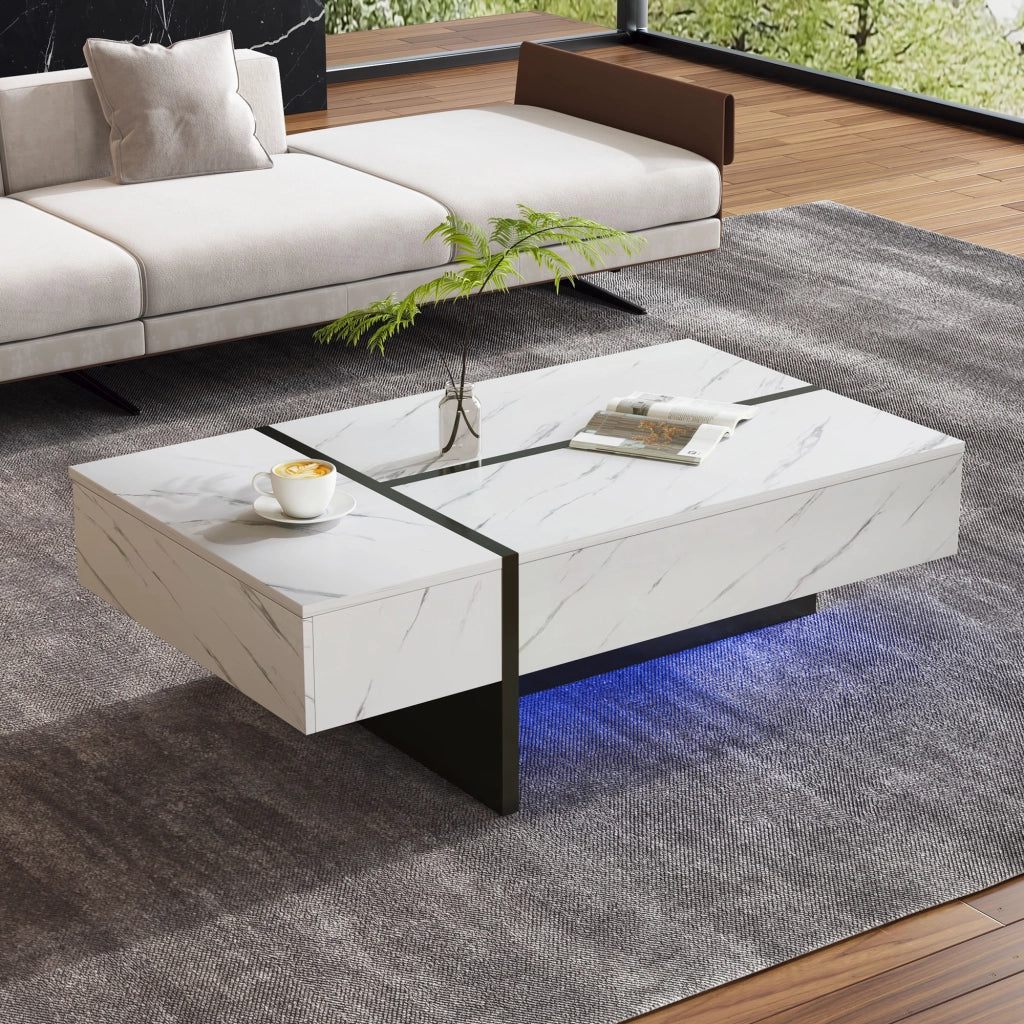 OKWISH Tavolino da Salotto Moderno con 3 Cassetti e LED tramite App, 105 x 60 x 35 cm, Pannelli di Truciolare, Bianco