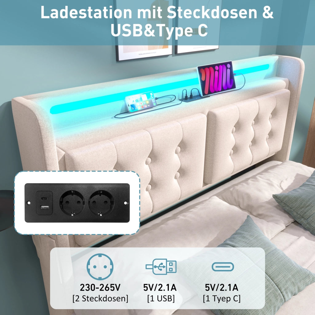 OKWISH Letto Contenitore 180×200 cm, Letto Matrimoniale con LED Regolabile, USB, Tipo C e Prese, senza Materasso, Beige