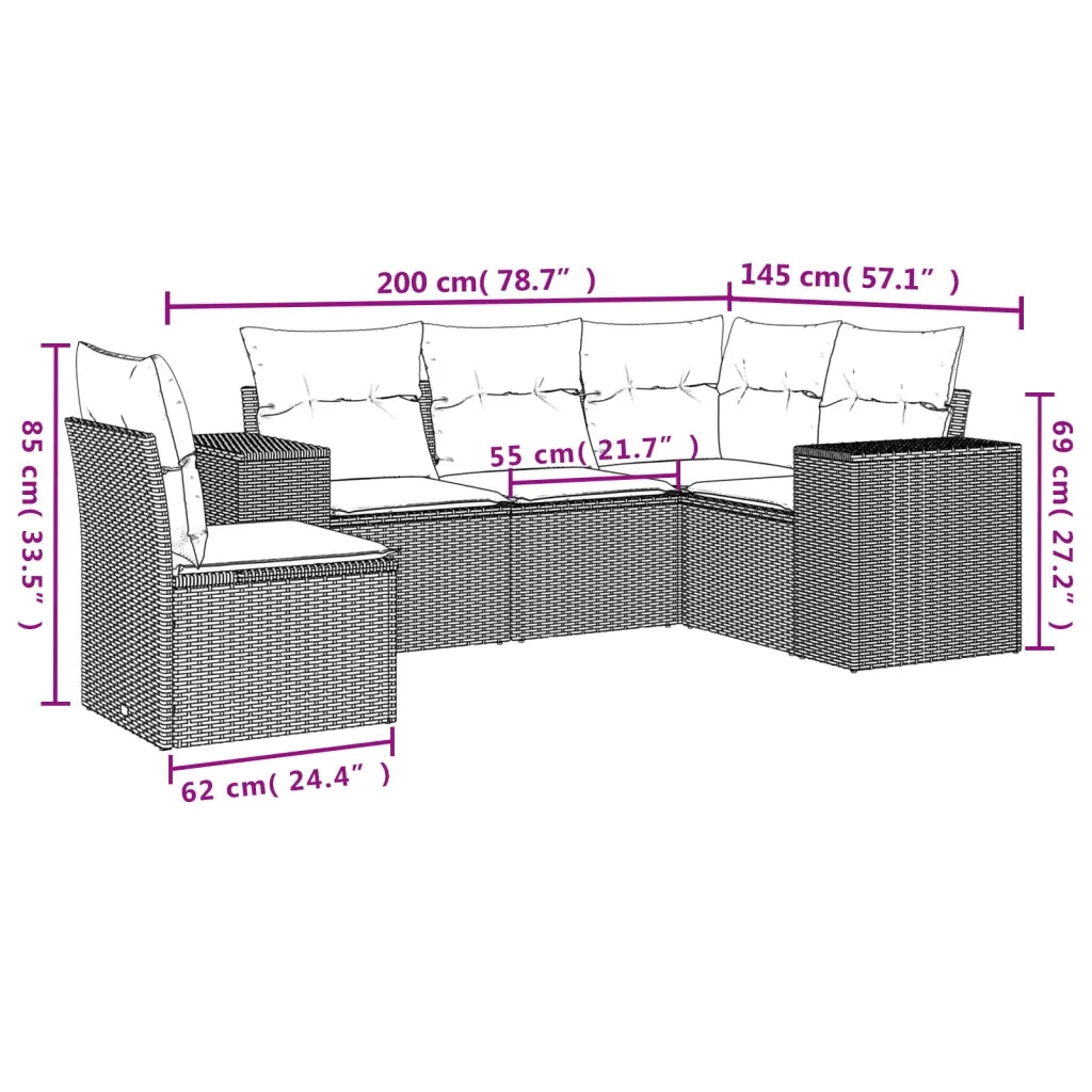 Set Divani da Giardino 5 pz con Cuscini in Polyrattan Nero 3222564