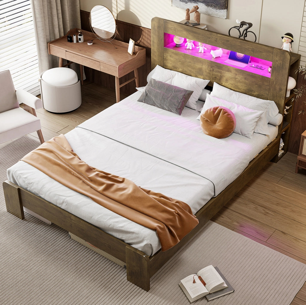 Letto matrimoniale 140x200 cm con contenitore, LED e prese integrate