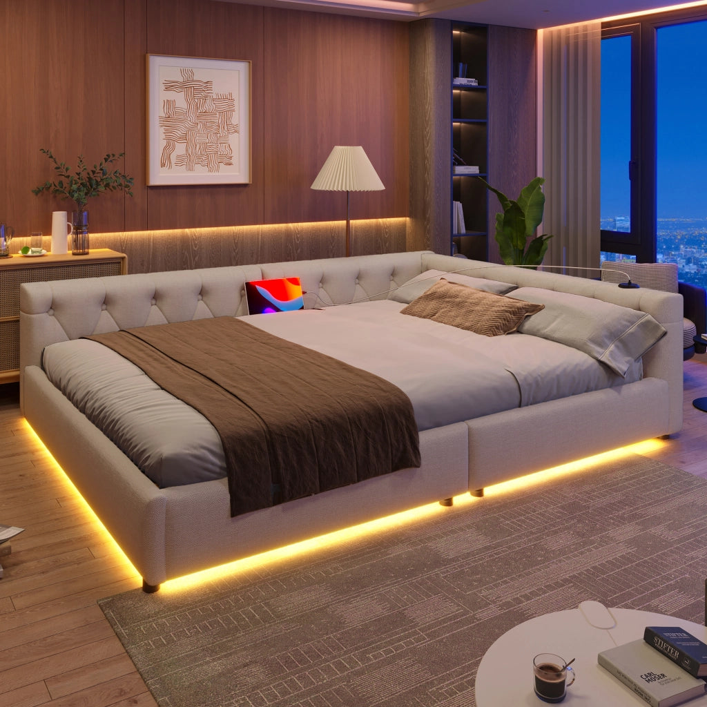 LETTO Daybed 140x200 cm in lino beige con USB Type-C e LED