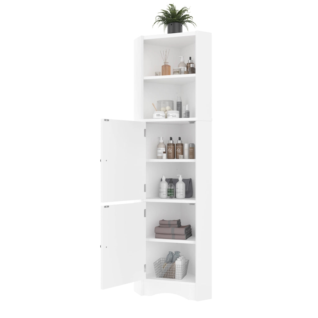 Mobile angolare da bagno con 2 ante, 2 vani aperti e ripiani regolabili, in MDF laccato, bianco, 51.7 × 32 × 155.4 cm