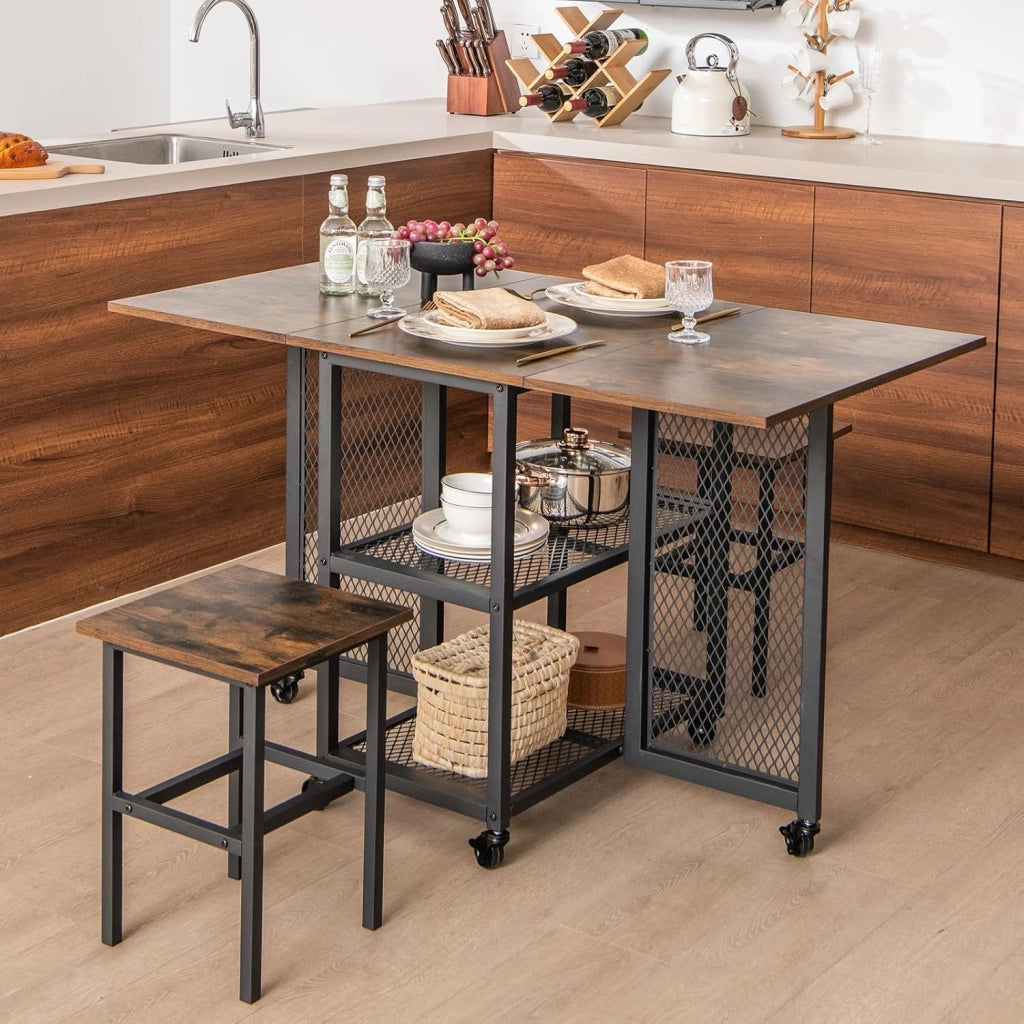 Set Tavolo da Pranzo Pieghevole 3 Pezzi, Tavolo da Pranzo Estendibile con 2 Sgabelli, con Ruote Bloccabili, 2 Ripiani di Archiviazione a Rete, Set da Pranzo per Soggiorno, Sala da pranzo