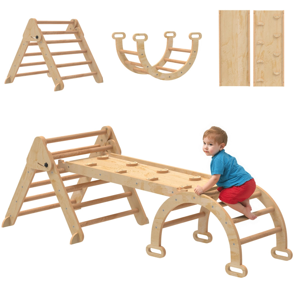 Gioco per Bambini 5 in 1 con Triangolo. Parete Liscia e Arco. in Legno di Pioppo e Pino. 188x70x59 cm