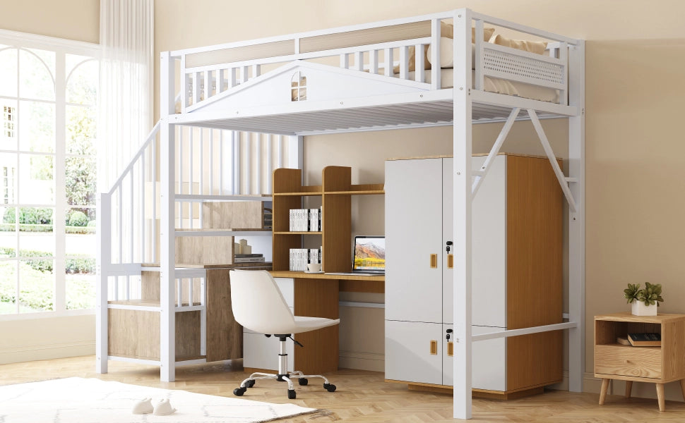 Letto a soppalco in metallo con scala contenitore; protezione a finestra e spazio sotto il letto; bianco; 90x200 cm; senza materasso