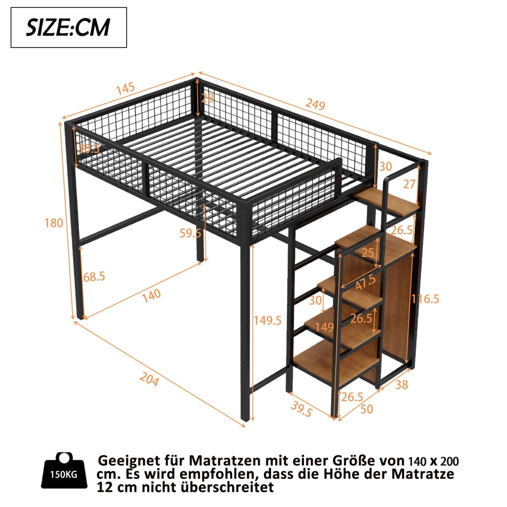 LETTO a soppalco 140x200 cm in metallo nero con scala e armadio