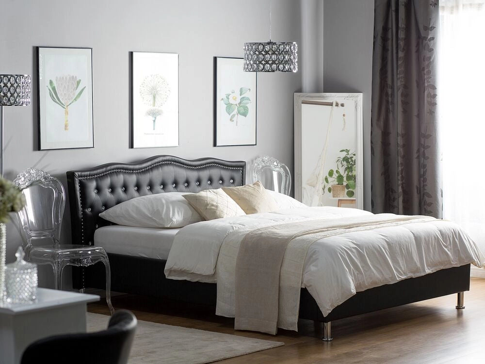 Letto matrimoniale in ecopelle nera 140 cm 6 struttura imbottita con bottoncini in cristallo con finiture imbottite