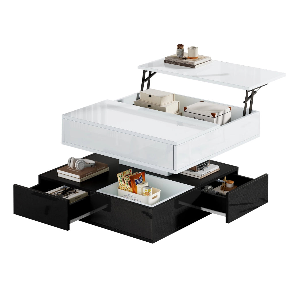 Tavolino da salotto quadrato sollevabile con piano girevole 360°; 70x70x40/55 cm; bianco nero