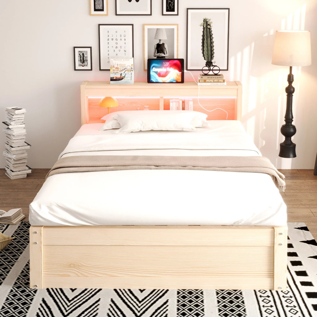 DESMIU Letto contenitore 90 × 200 cm 1 posto con presa, LED regolabile e vani, senza materasso, in MDF, legno