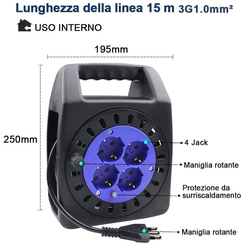 Avvolgicavo Elettrico Prolunga Elettrica 15 Metri 4 Prese Polivalenti Schuko + 10A/16A Spina 16A