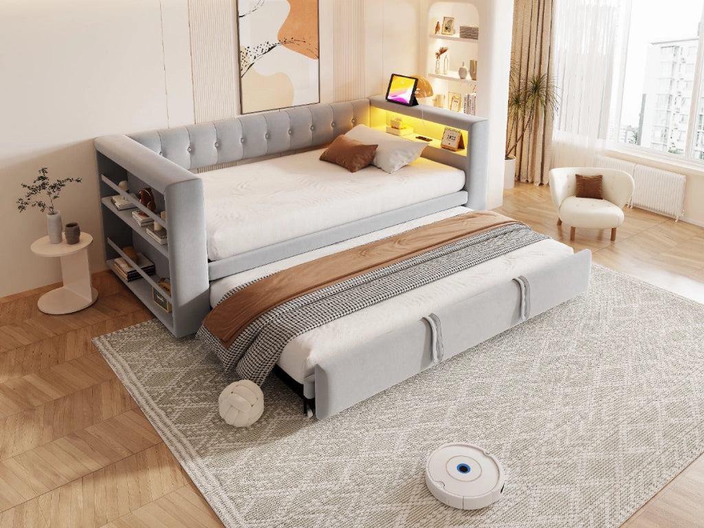 DESMIU Letto singolo 90 × 190 cm e 180 × 190 cm con LED, prese, contenitore, senza materasso, in flanella, grigio chiaro