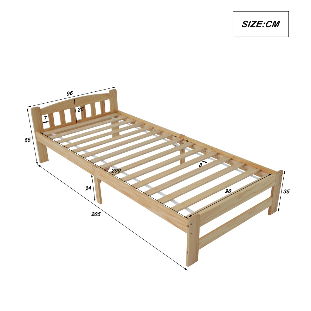 Letto singolo in legno massello - Zephmum - 90x200 cm - Natur - Con testiera e rete a doghe