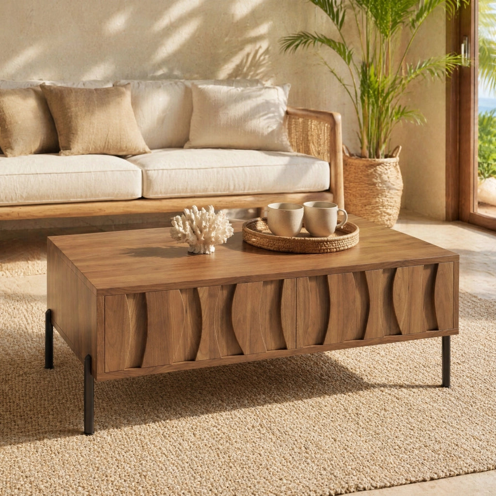 Tavolino da caffè con 2 cassetti e piano aperto per salotto, stile retrò, in MDF e truciolare, naturale, 105 × 55 × 41 cm
