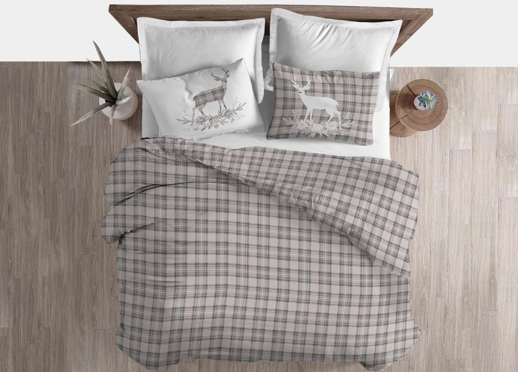 Copripiumino Sacco Piumone Cotone Flanella Pensieri Delicati Dis. Tartan Cervo - Singolo - Beige
