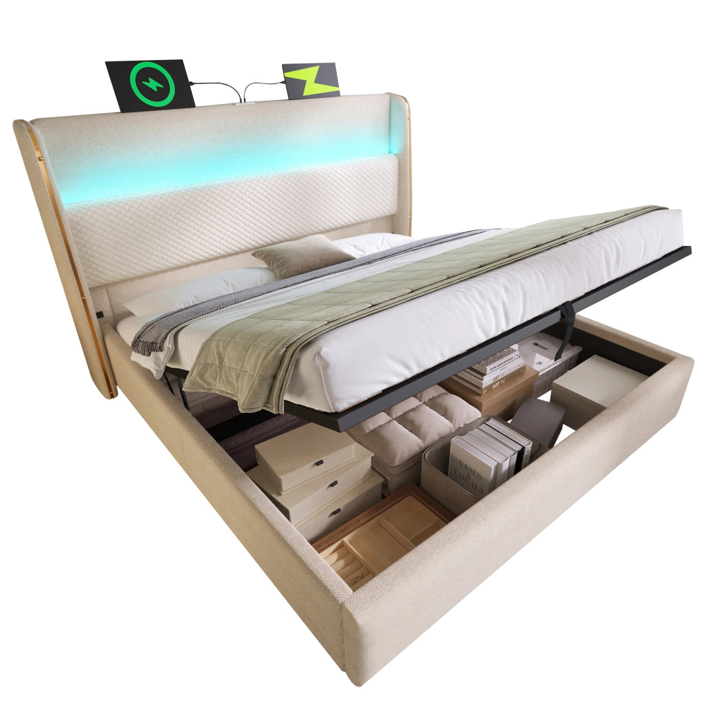 Letto matrimoniale idraulico con testiera alta, LED e porte USB/Type-C