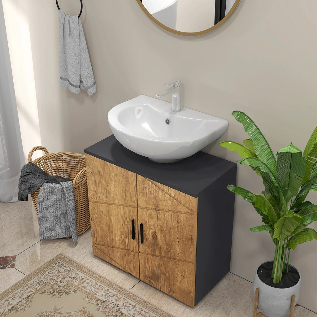 Mobile sottolavabo bagno ¨C Xylo ¨C 2 ante con ripiano, 60x30x60 cm, grigio antracite effetto legno