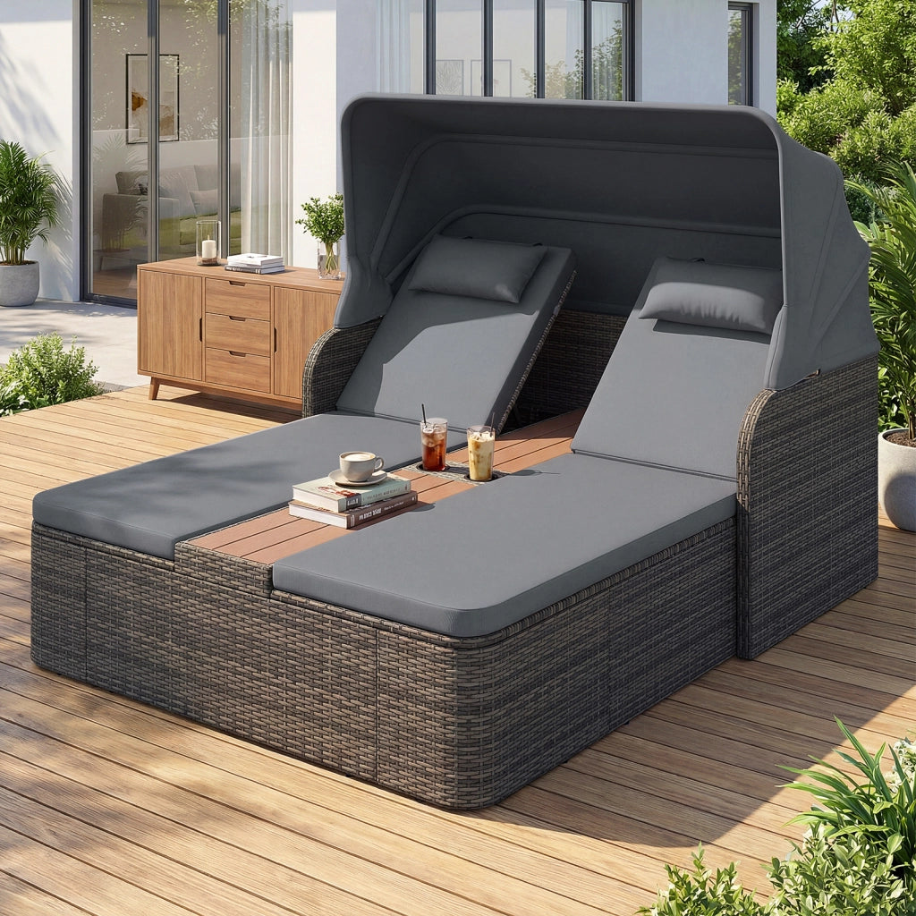 Letto matrimoniale in rattan con tetto retrattile e schienali regolabili, Divano imbottito con tavolino centrale e portabicchieri Grigio