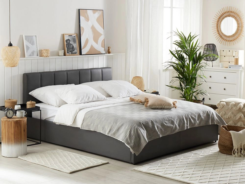 Letto contenitore Rivestimento in ecopelle grigia 160 x 200 cm con testiera a doghe