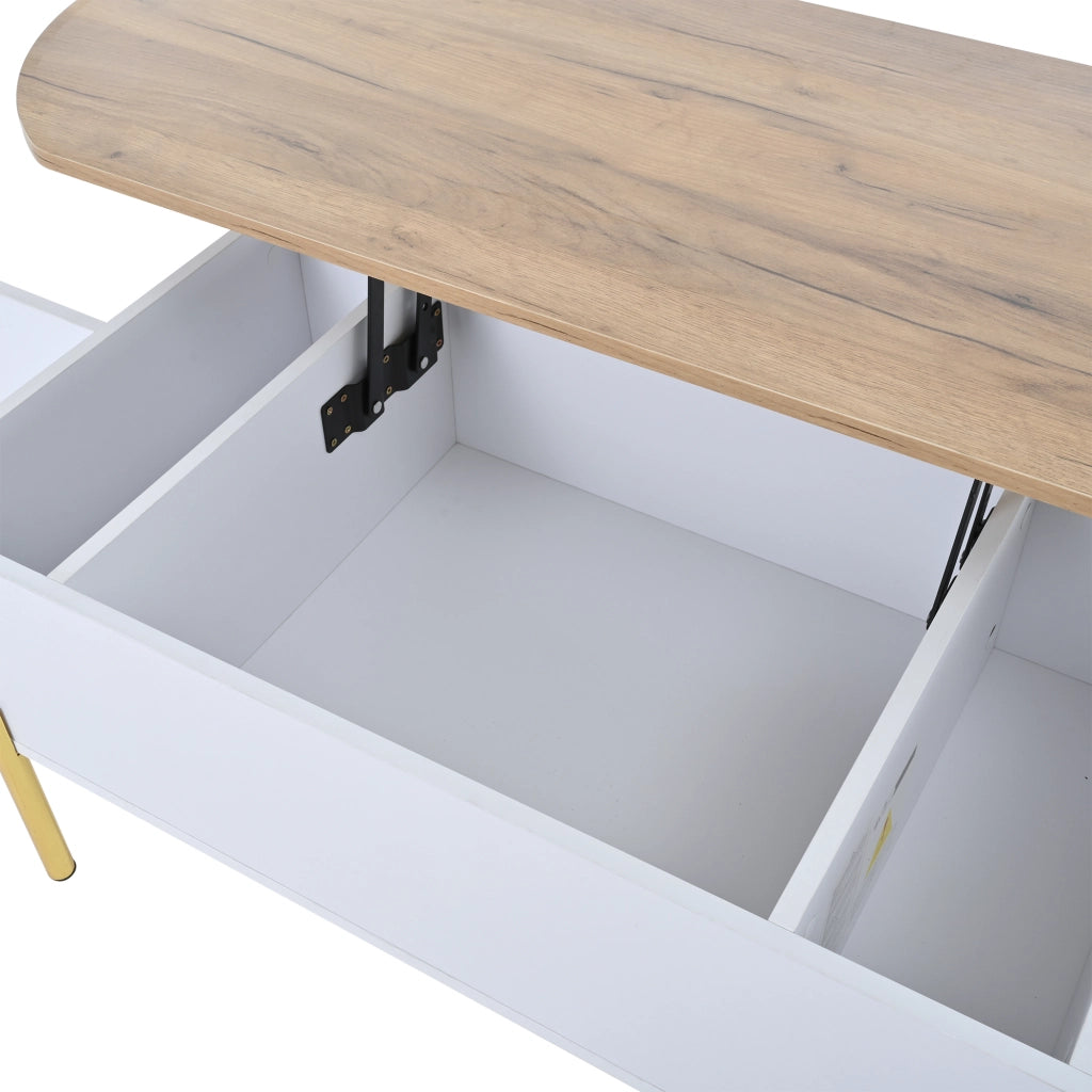 Tavolino da caff¨¨ sollevabile 120 x 50 x 43 cm con vano contenitore nascosto, MDF bianco e piano effetto legno naturale