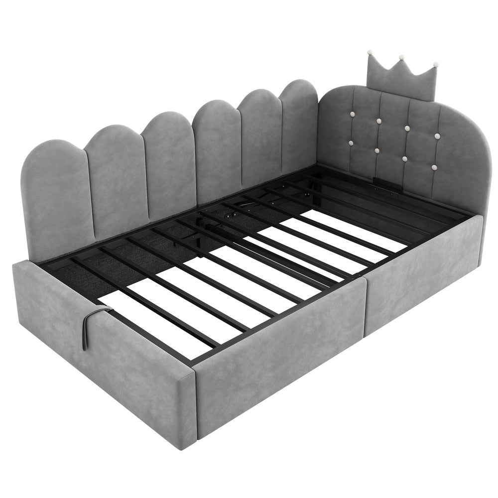Letto Imbottito a L con Contenitore 90x190 ¨C Xylo ¨C Velluto Grigio