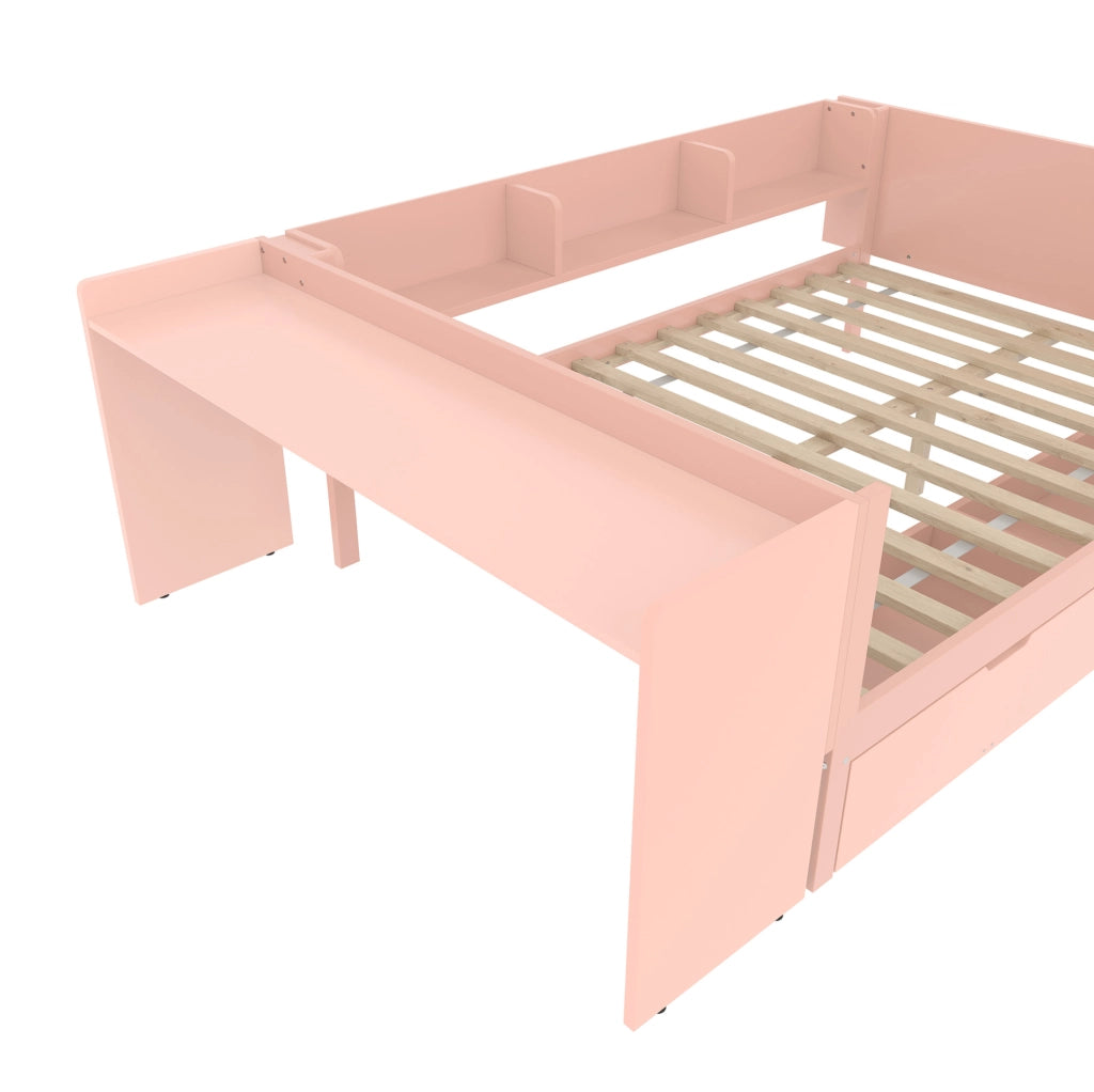 Letto matrimoniale 140x200 cm con scrivania, scaffali e 2 cassetti rosa