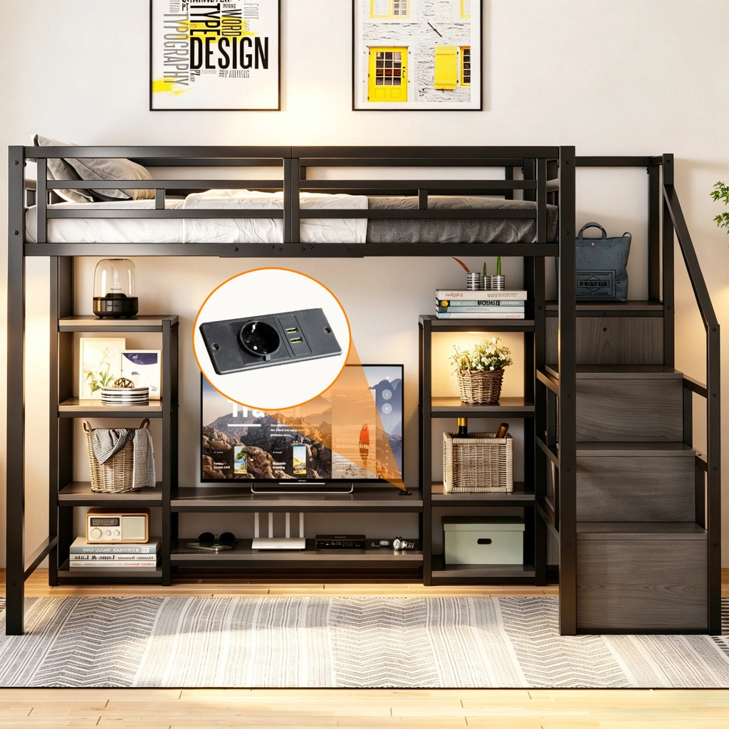 Letto a soppalco matrimoniale 140×200 cm con supporto TV; presa elettrica e scala; senza materasso; metallo; nero