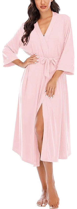 Kimono da notte per donna, 3/4 manica, V-collo, lunga, in seta, colore rosa, dimensione XXL
