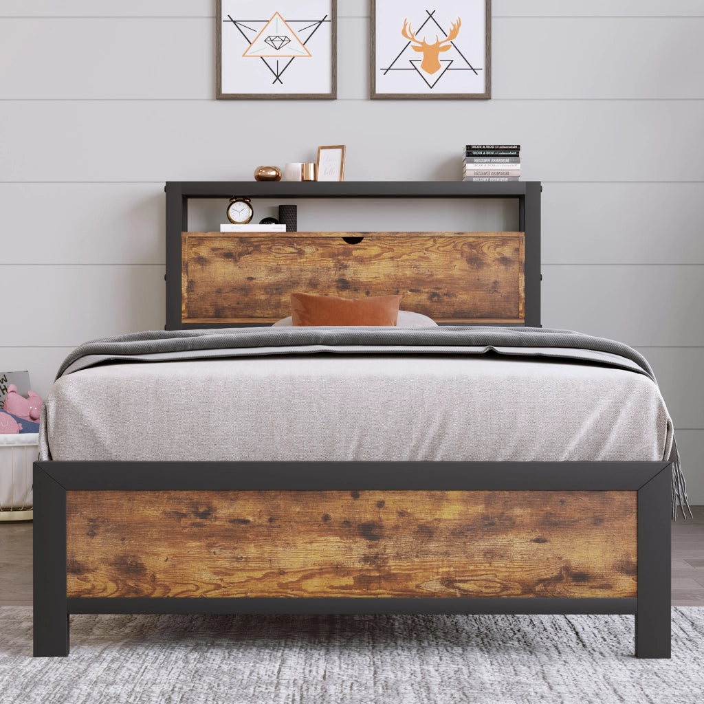 Letto singolo in metallo con testiera contenitore; doghe in metallo; nero; 90x200 cm; senza materasso