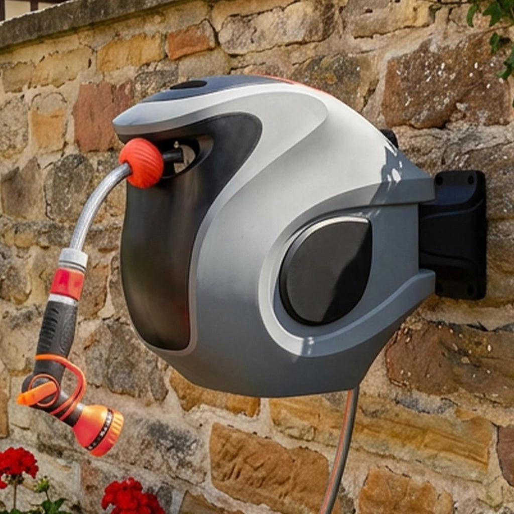 Avvolgitubo Automatico 30m con Staffa a Muro e Ugello 9 Funzioni ¨C MINIMAL ¨C Grigio/Rosso
